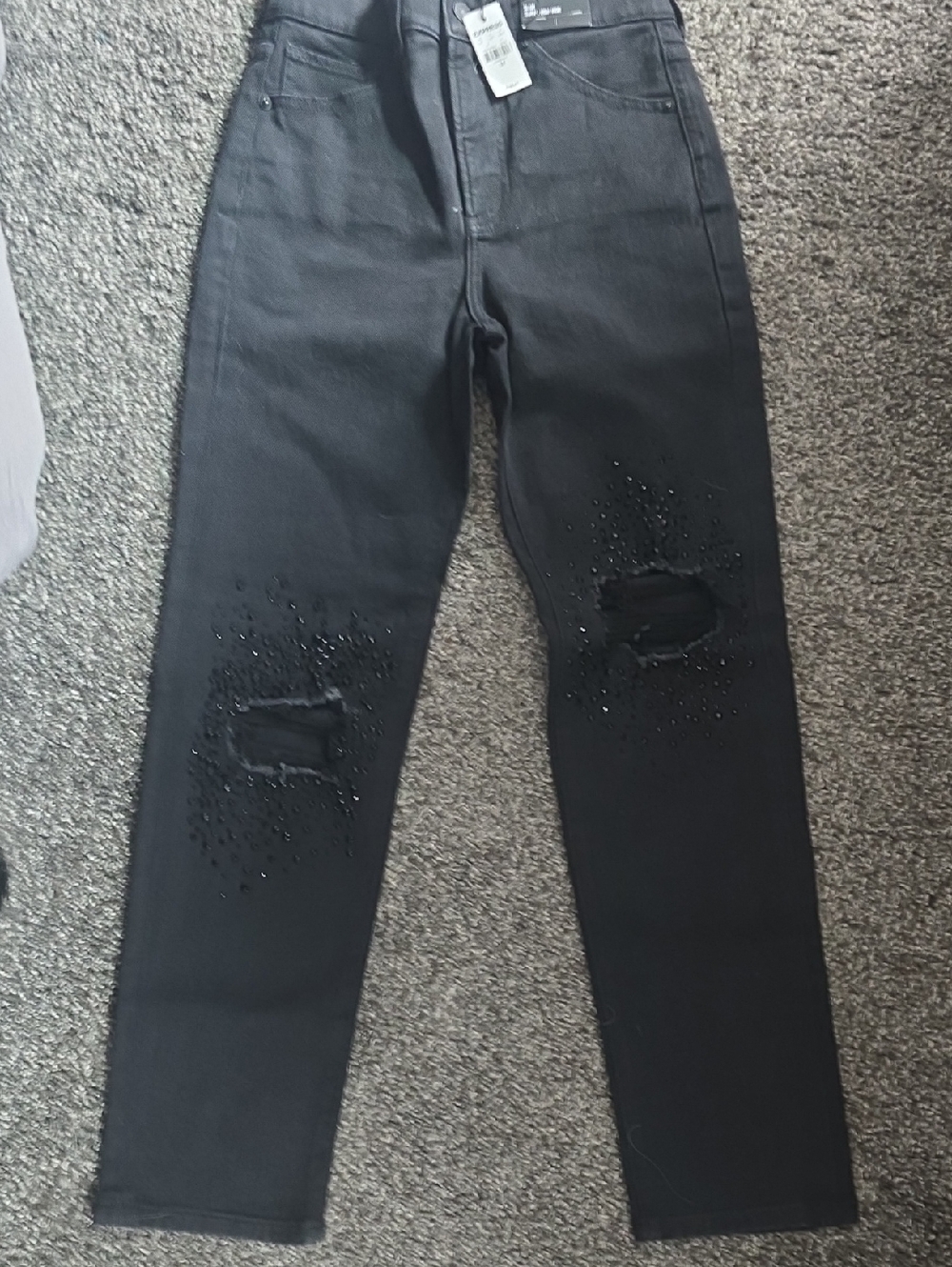 Express Black Slim Super High-Rise Distressed Jeans With Jeweled Knees